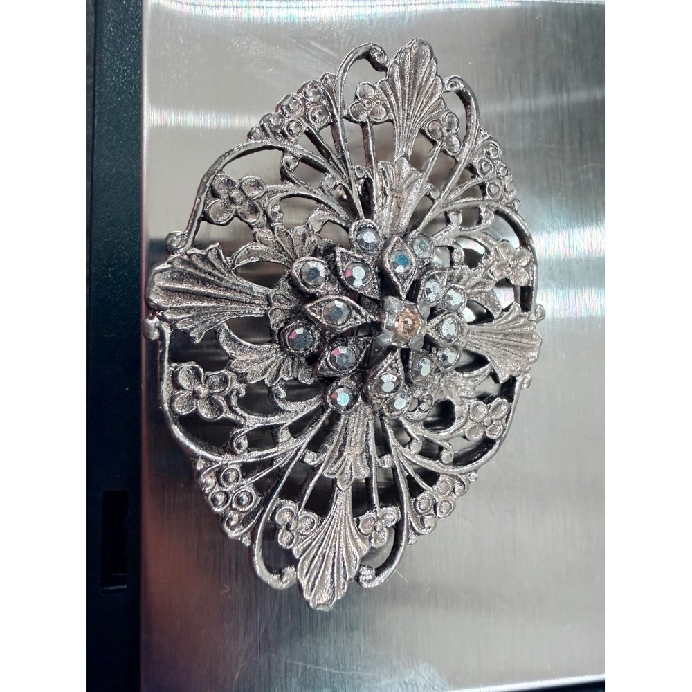 Vintage 1950s Silver Tone Filigree Rhinestone Floral Brooch Pin Mid Century